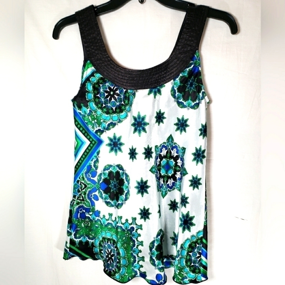AB STUDIO Green and Blue Sleeveless Sleek Shirt Sz S